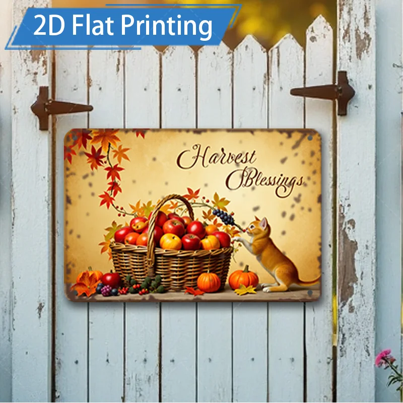 

1pc 8x12inch Metal Sign "Autumn Harvest Blessings Metal Sign with Fox and Fruit Basket Decor"