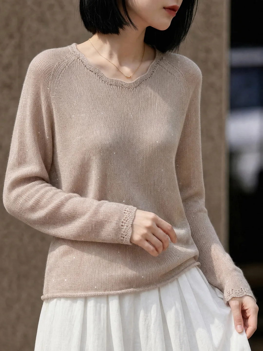 Early Autumn Thin  Linen Simple round Neck Knitted Sweater Women Long Sleeve Loose Lazy Sweater Comfortable Top