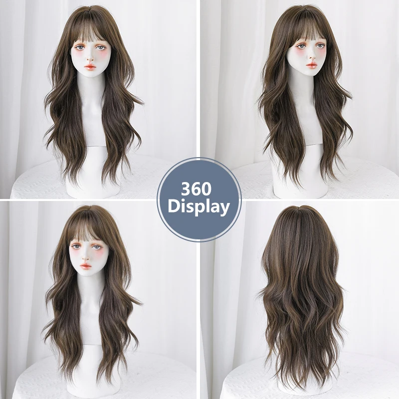 7JHH WIGS Loose Body Wavy Brown Hair Wigs with Neat Bangs High Density Synthetic Fashion Wave Wig for Women Natural Looking