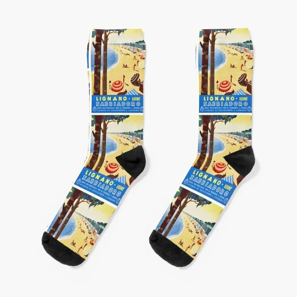 

Lignano Udine Sabbiadoro Italy Vintage Travel Poster Restored Socks retro cartoon Women's Socks Men's