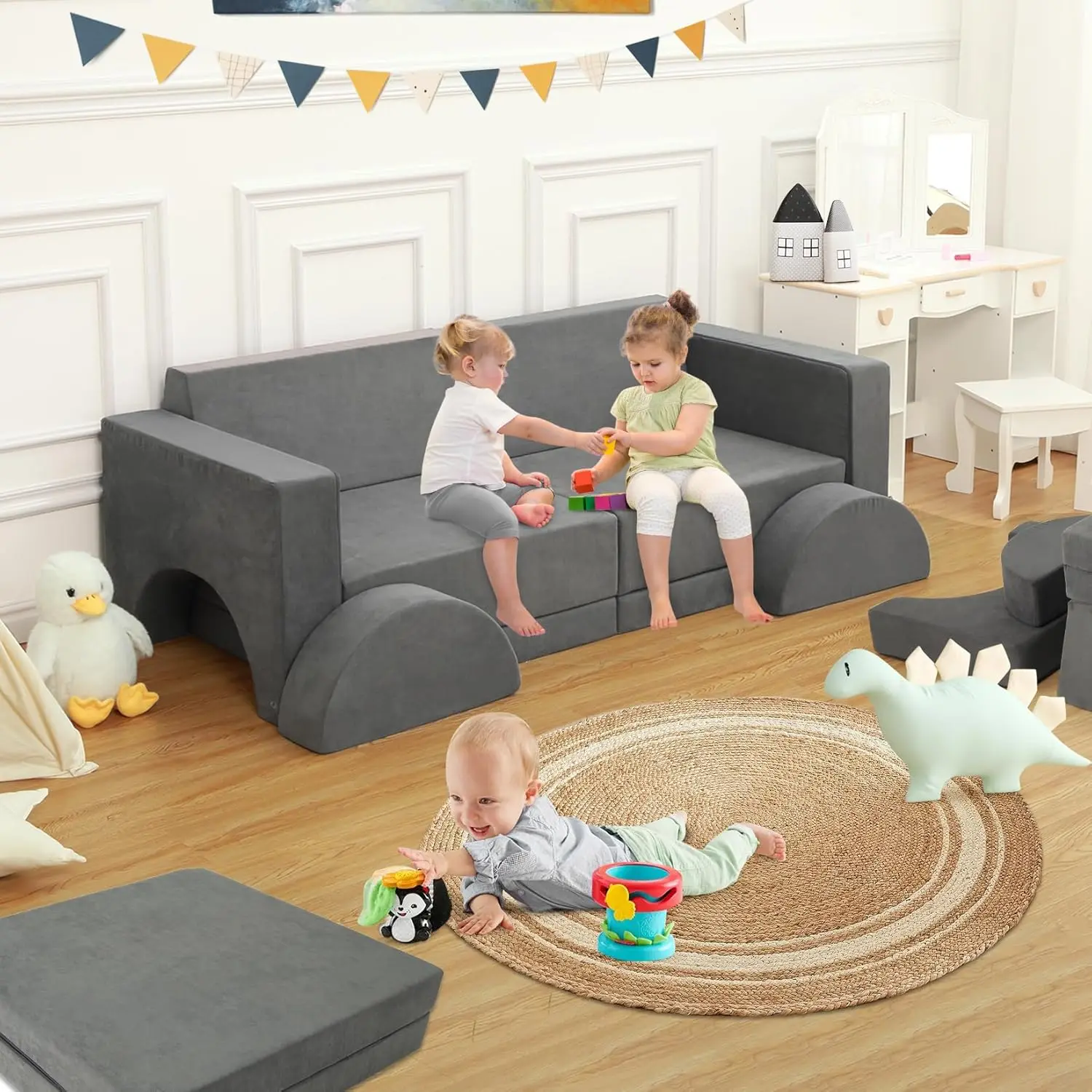 

Garvee 8-Piece Modular Kids Sofa for Playroom & Bedroom, Foldable Children Daybed Couch with Removable Washable Cover, Lazy Foam Sleeper, Grey