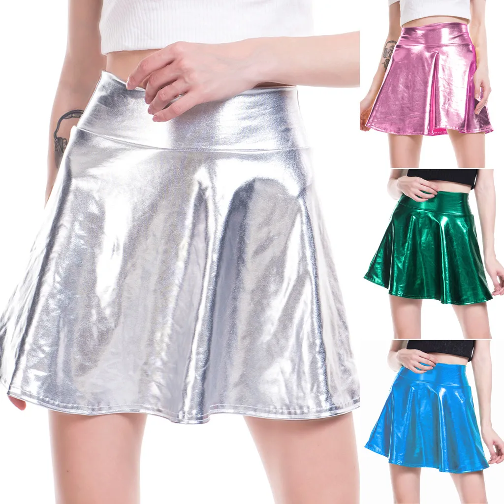 Women\'s Casual Fashion Shiny Flared Pleated A-Line Mini Skirt Stage Solid Color Performance Skirt Multisize