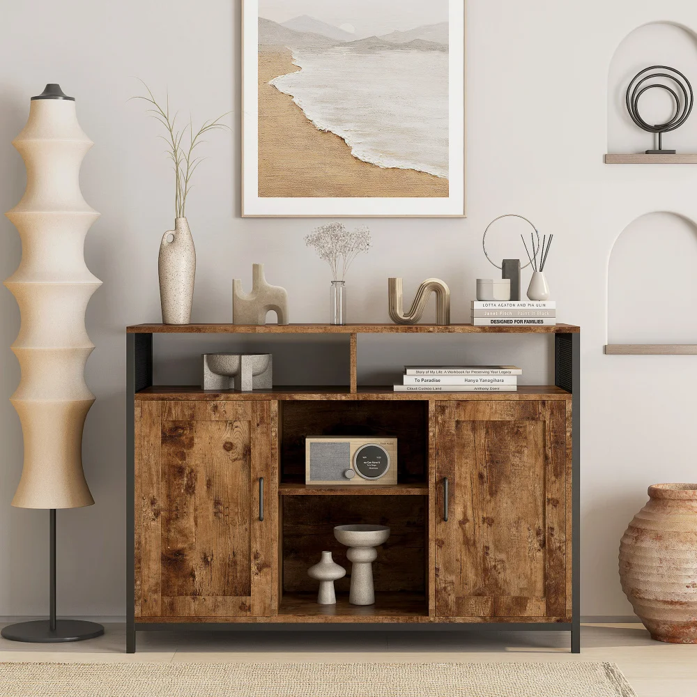 Sideboard Storage Cabinet with Open Shelves for Kitchen Dining Room Living Room Industrial Style Rustic Brown 43.7x15.7x31.5Inch