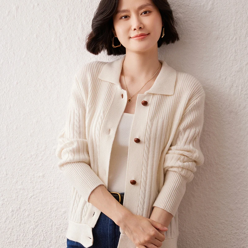

Women's 100% Cashmere Cardigan Long Sleeve Polo Collar Lazy Style Top Loose Twist Knit Sweater Coat for Autumn Winter