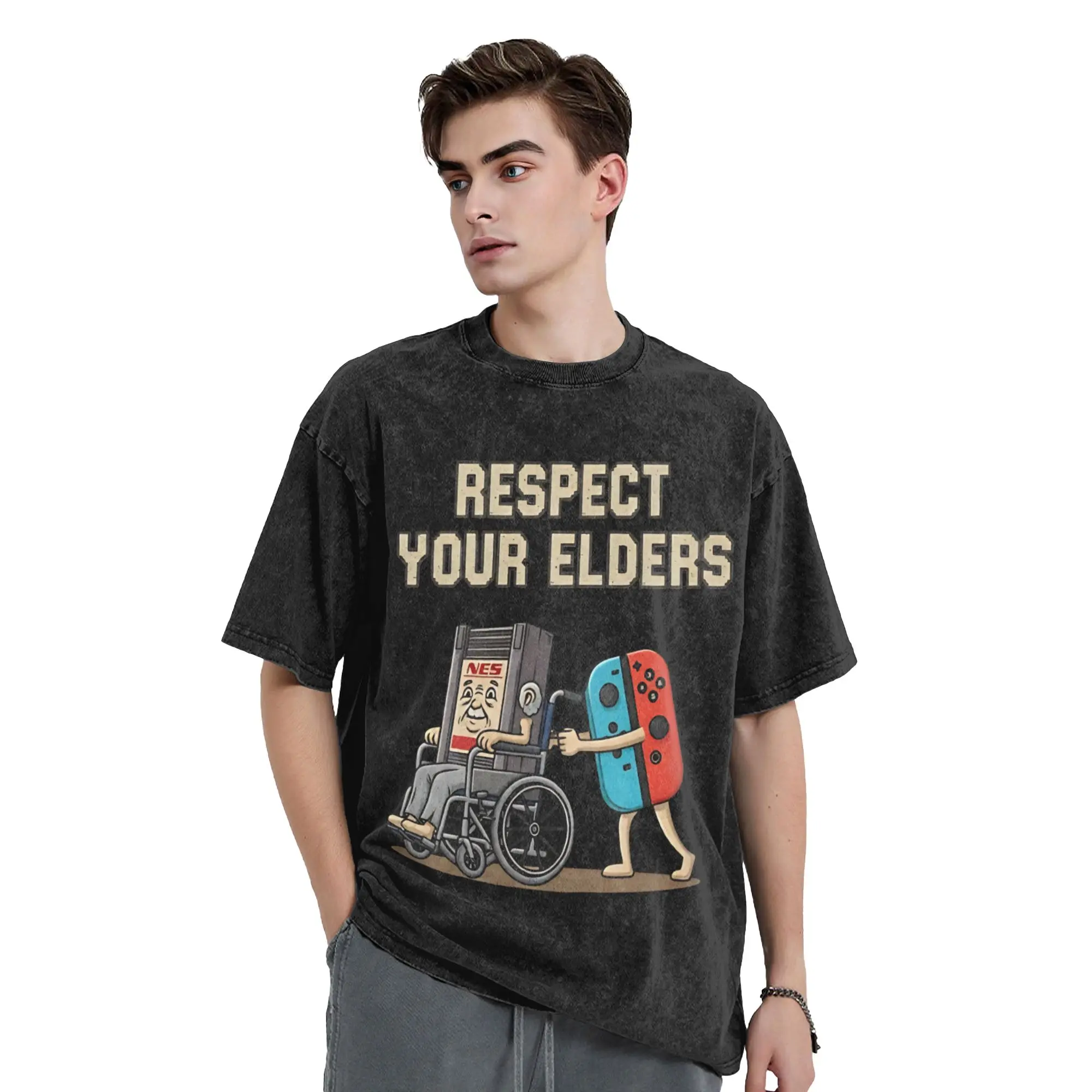 Old School Gaming Respect Your Elders  Vintage Washed T Shirt  Pure Cotton Clothing Vintage Short Sleeve Crew Neck Tees