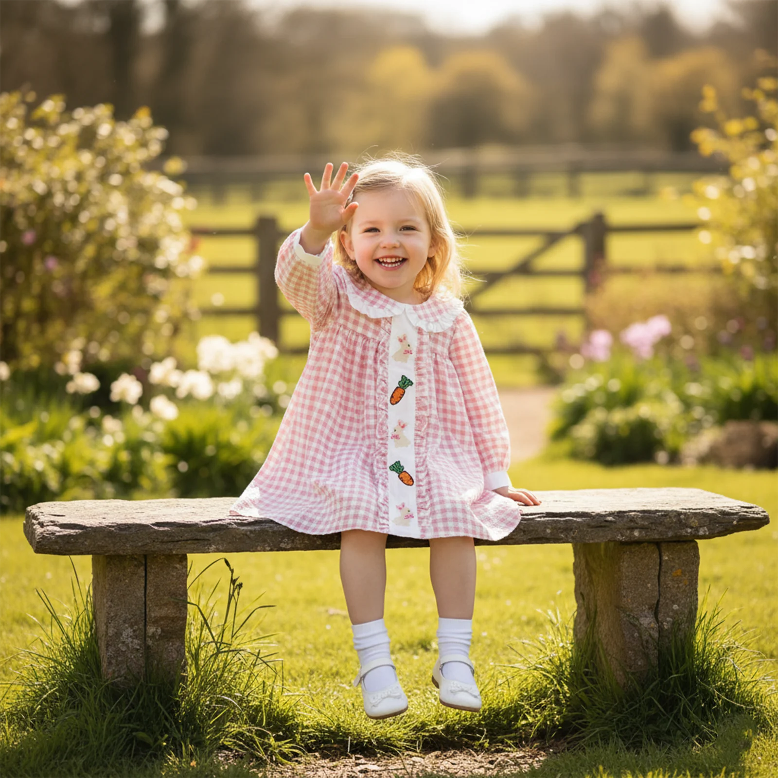 فستان عيد الفصح للفتيات الصغيرات بأكمام قصيرة وياقة الدمية على شكل أرنب وجزر مطرز فستان ربيعي للأطفال الصغار #5