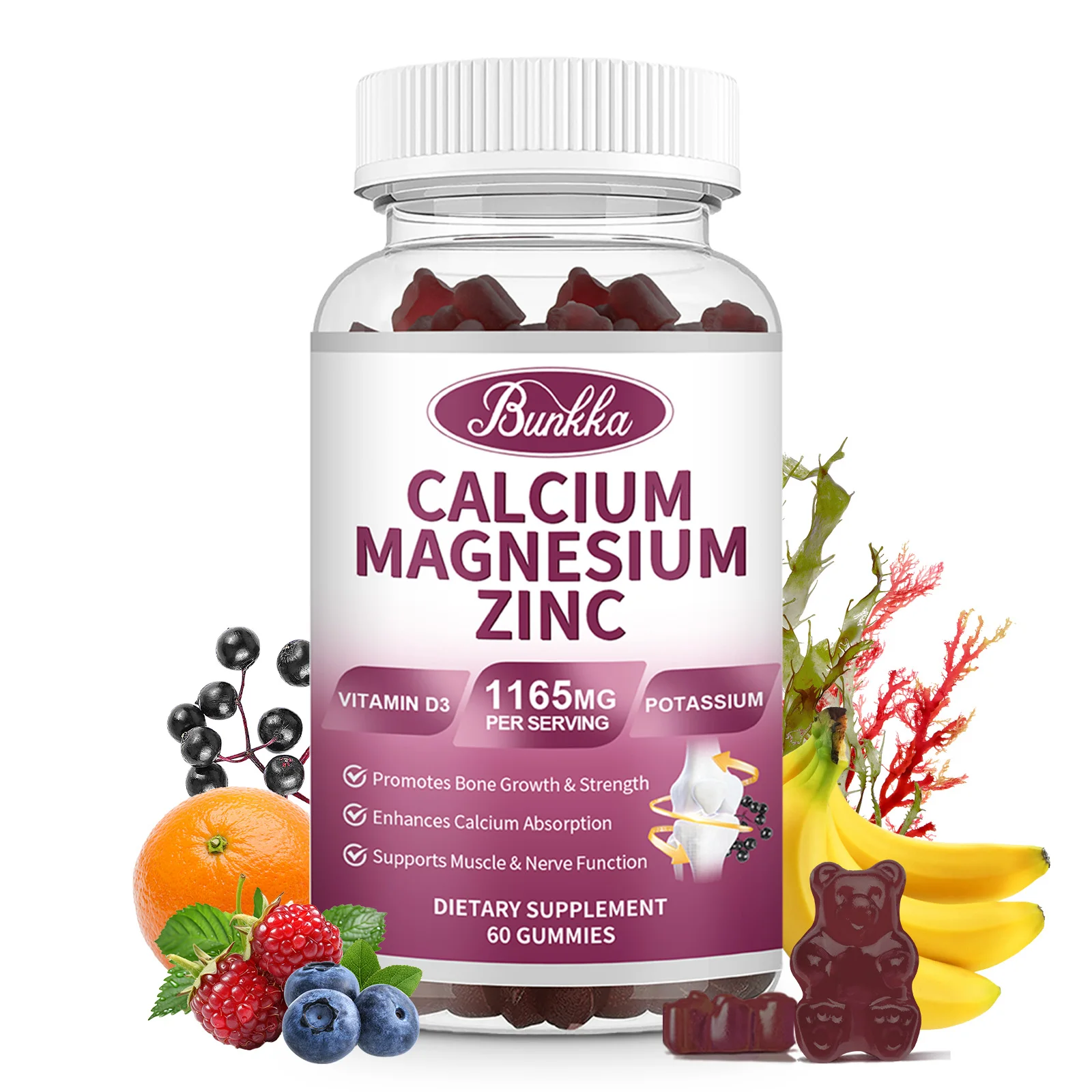 BUNKKA Calcium Magnesium Zinc Gummies with Vitamin D3 Potassium Magnesium Bone Growth&Strength Muscle Builder Sleep Quality