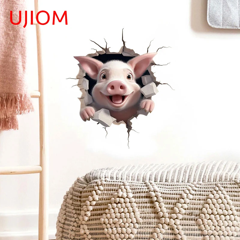 UJIOM 13cm X 11.6cm Cute Cartoon Pig Tear Wall Stickers Amusing Creativite Baby Nursery Room Sofa Wall Decal Cupboard Decoration