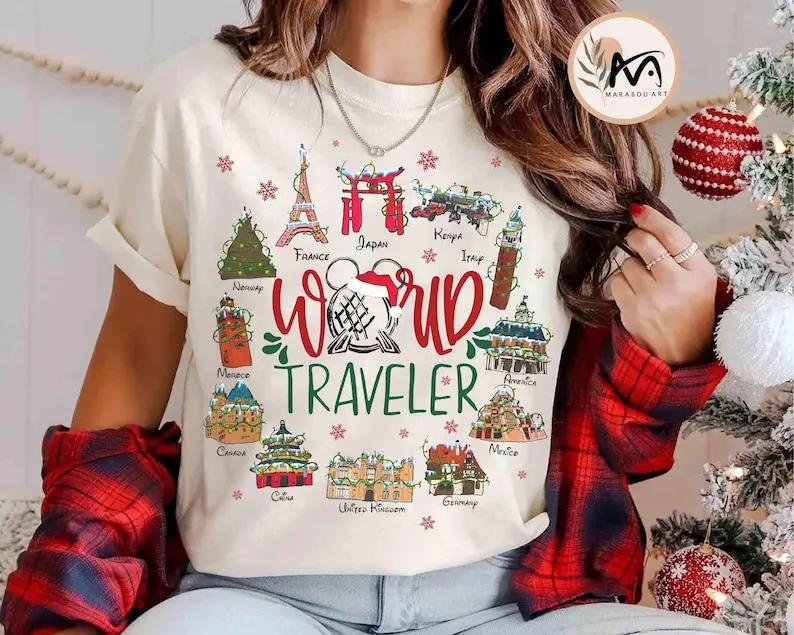 

Mickey Epcot Center World Traveler Christmas Shirt Drink And Snack Around The World Tee Mickey's Very Merry Christmas Family