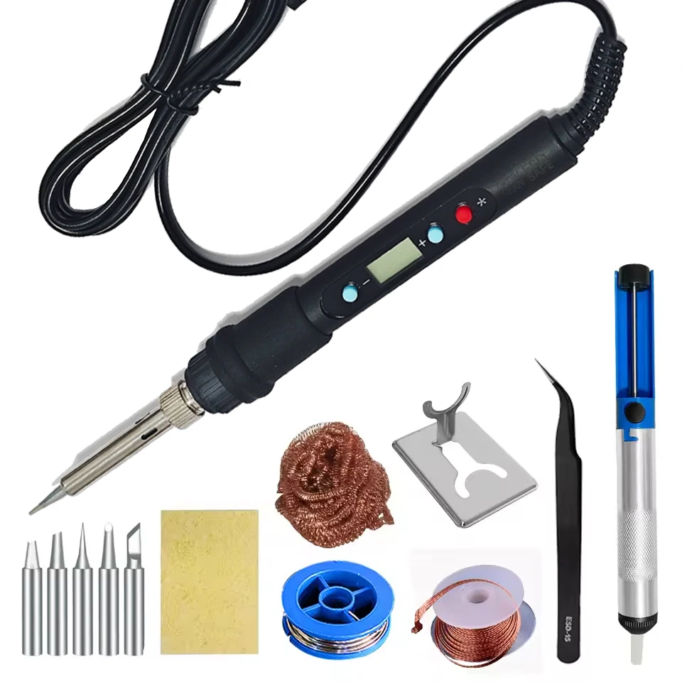 80W Soldering iron kit adjustable temperature LCD solder welding tools Ceramic heater soldering tips Tweezers soldering wire