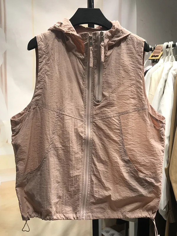 カジュアルなフード付きノースリーブベスト速乾性ダブルジッパートレンディな夏の新着女性のタンクトップアウター通気性
