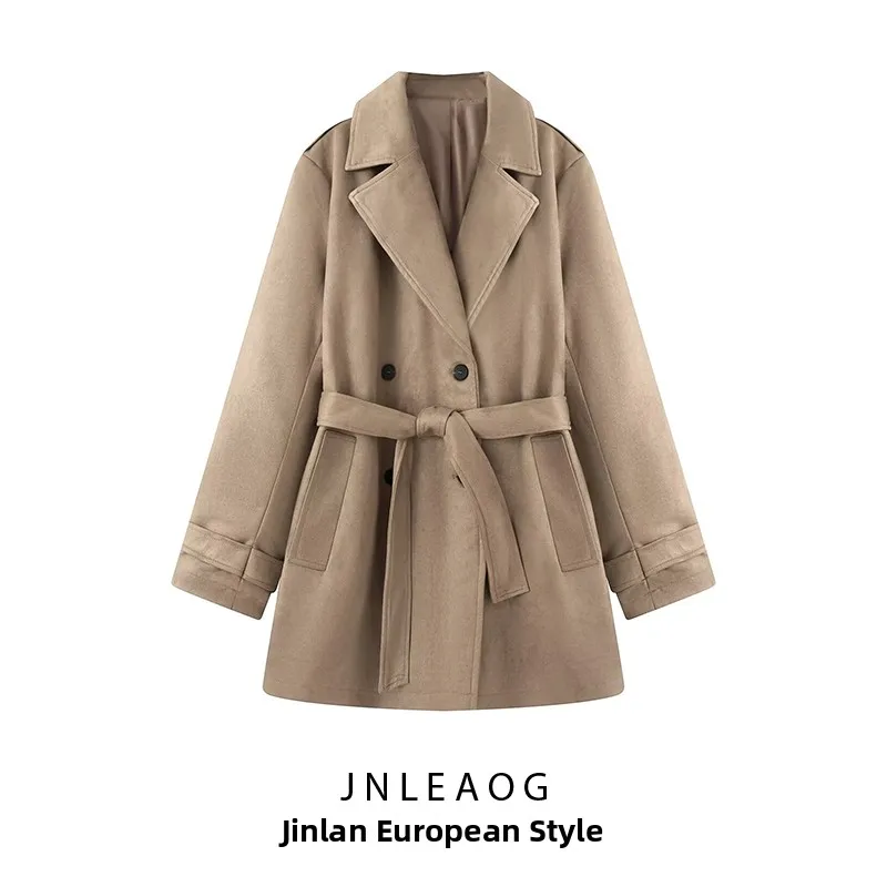 

JNLEAOG, осеннее новое женское модное универсальное пальто с отложным воротником, украшенное искусственным замшевым эффектом, пальто прямого кроя, Commut...