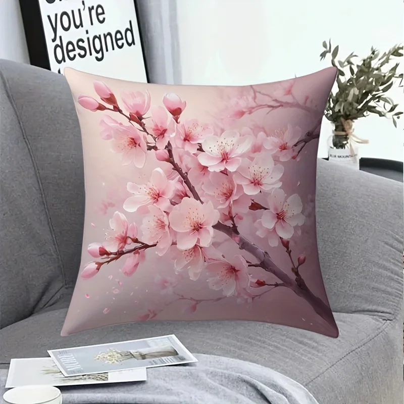 Pink cherry blossom patterned throw pillowcase, machine washable, polyester fabric, suitable for living room sofas.