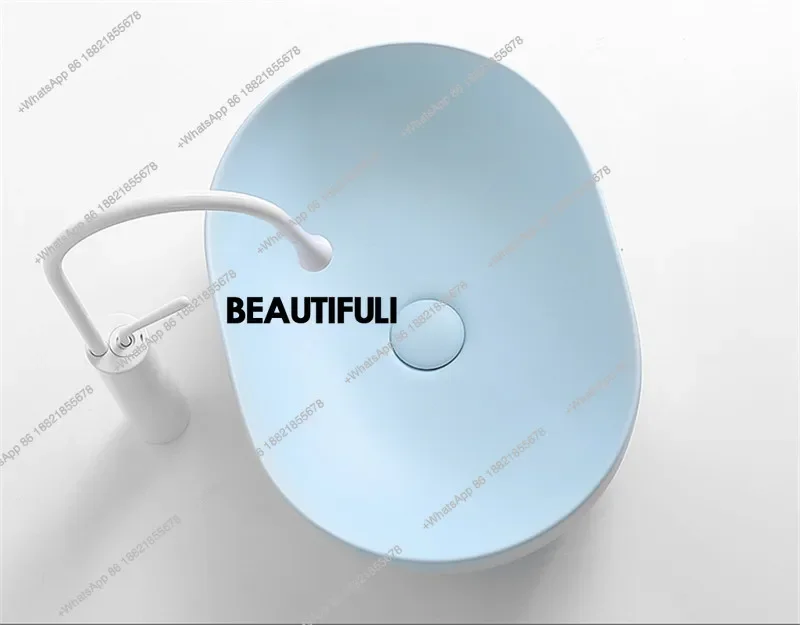 

RR Ultra thin oval sky blue countertop basin, washbasin, household inn bathroom, ceramic washbasin, balcony basin