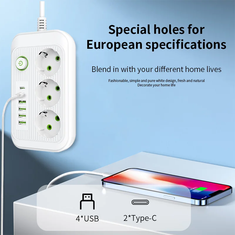 EU Plug Power Strip AC Outlet Multitap 2M Extension Cord Electrical Socket With 4USB Ports Fast Charge Multiprise Network Filter