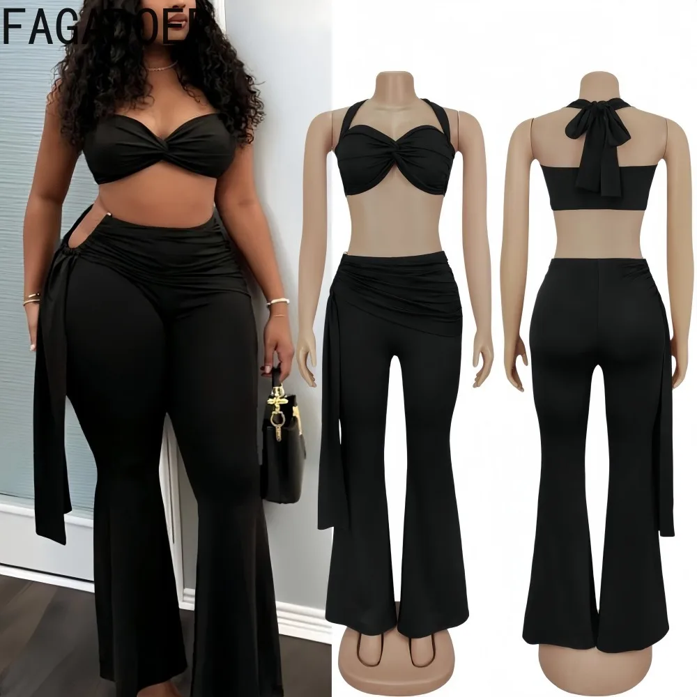 

FAGADOER Sexy Two 2 Piece Set Outfits Solid Color Halter Crop Top and Ruched Wide Leg Pants Matching Female Streetwear Clothing