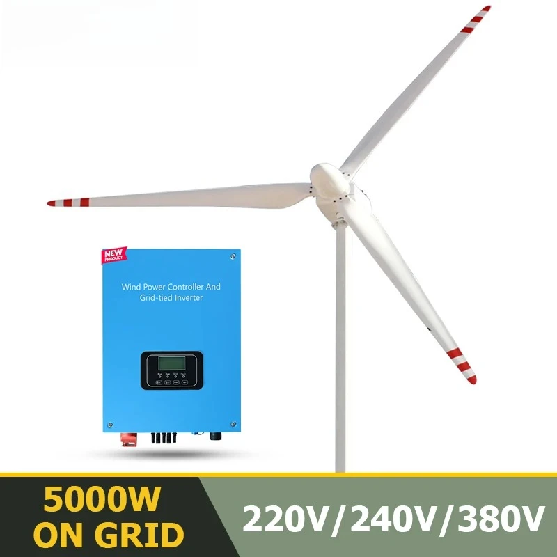 Sk 5000W 220V, 230V 380V Generator, 3 Blade Horizontal Turbine, On Grid Single Three, Phase Inverter High, Energy Efficient