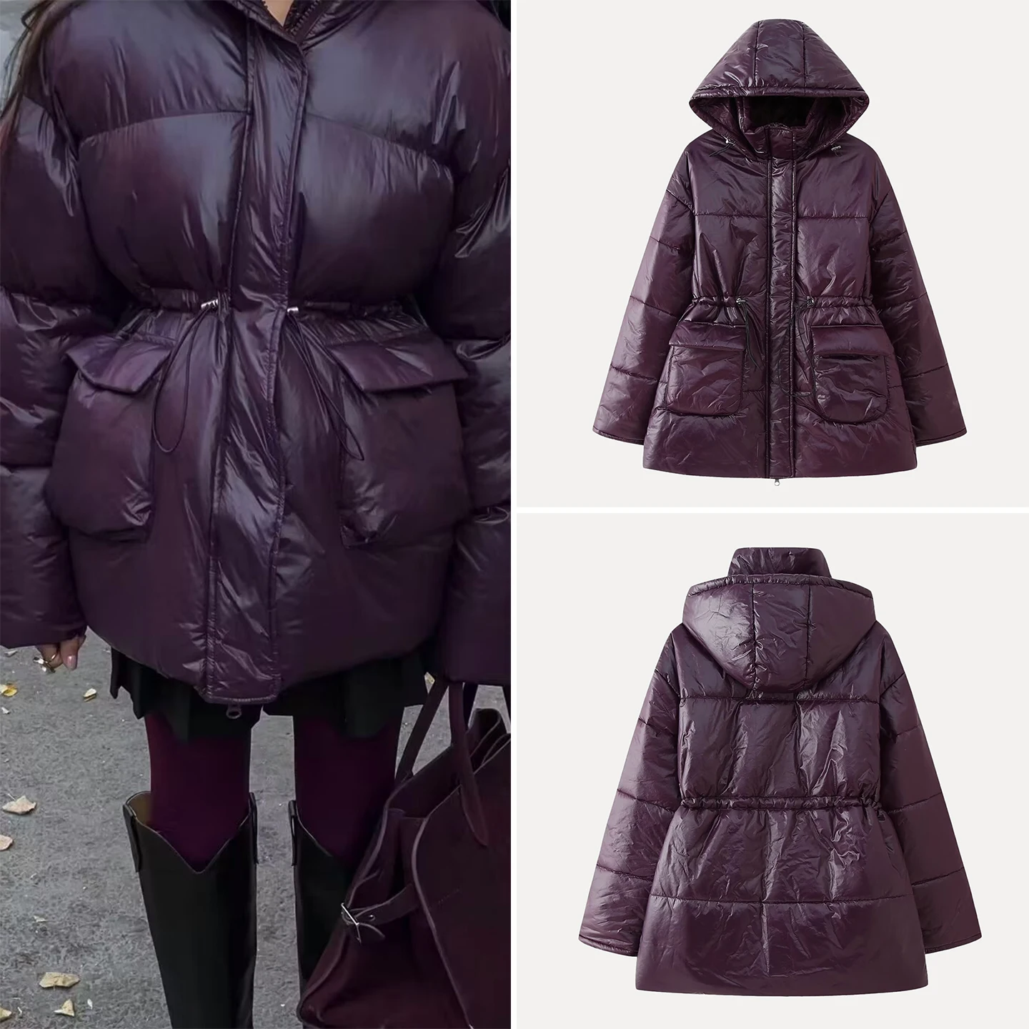 

Fall 2025 Women's Faionable Pure Color Warmth Hooded Zipper Daily Wear Commute Sle Long Sve Cotton Jaet Z