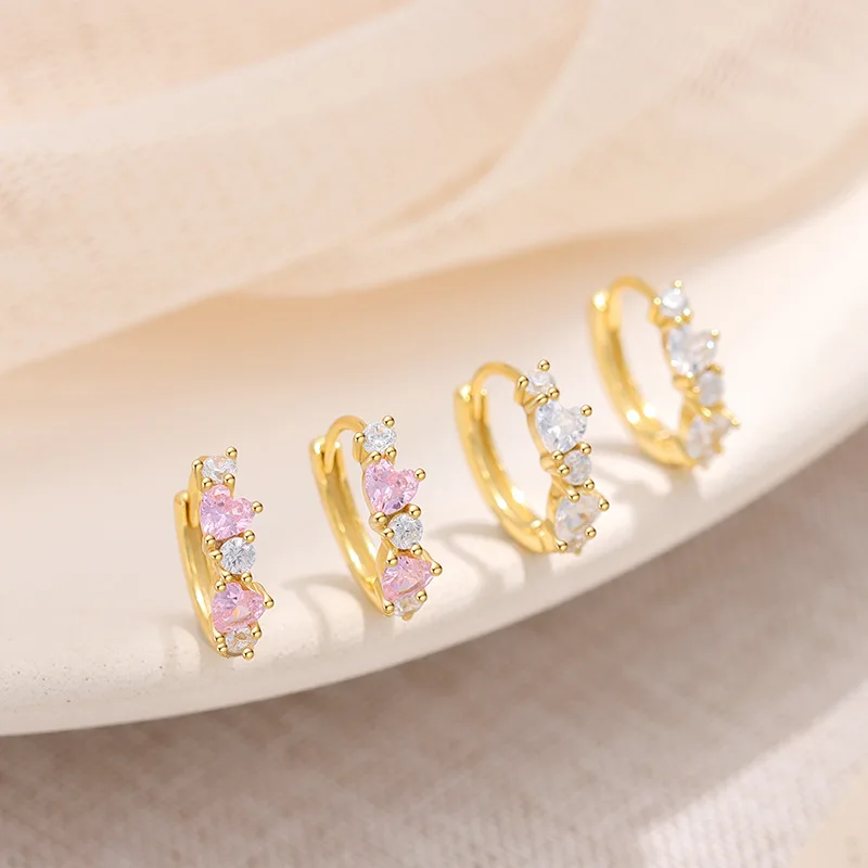 925 فضة القلب تشيكوسلوفاكيا هوب أقراط للنساء لذيذ مطلية بالذهب الزركون Huggie الأطواق هيبوالرجينيك لطيف مجوهرات