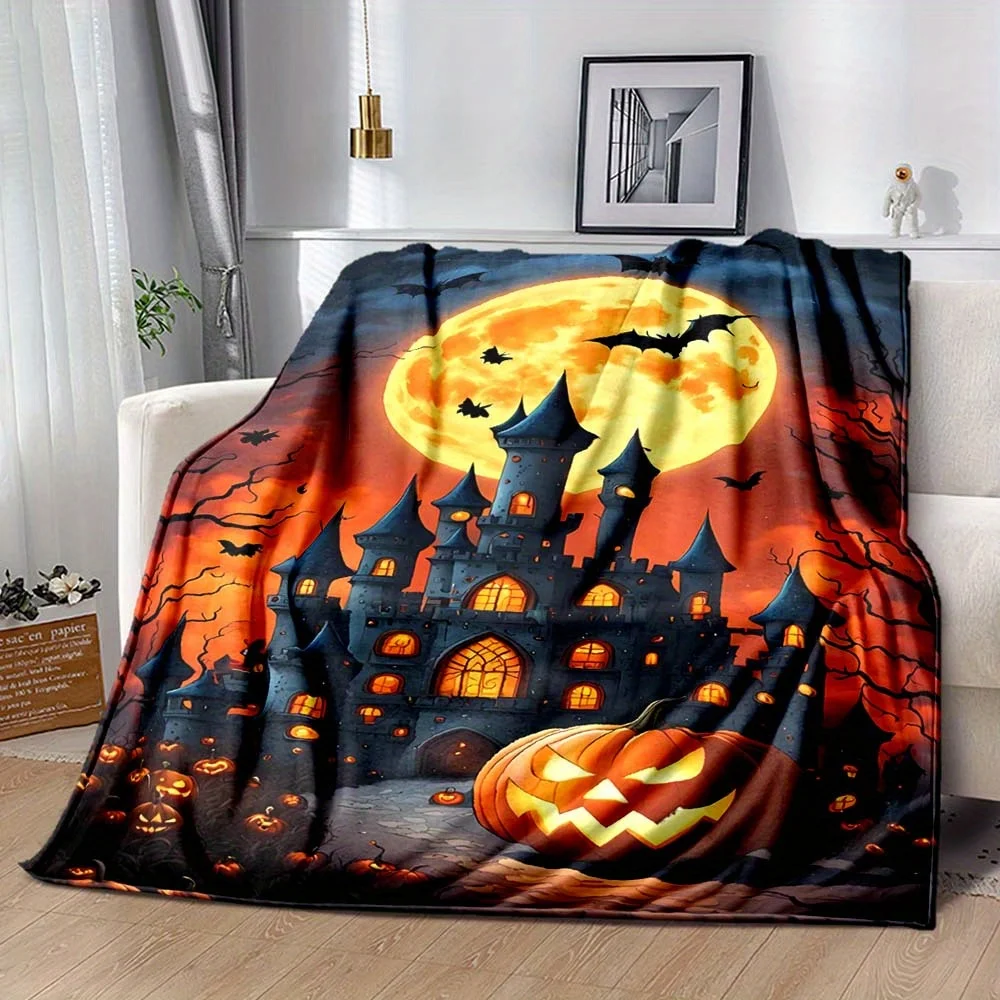 Cozy Halloween-Themed Fleece Blanket - Spooky Castle, Bat & Pumpkin Design | Soft, Warm For Sofa, Bed, Travel & Camping