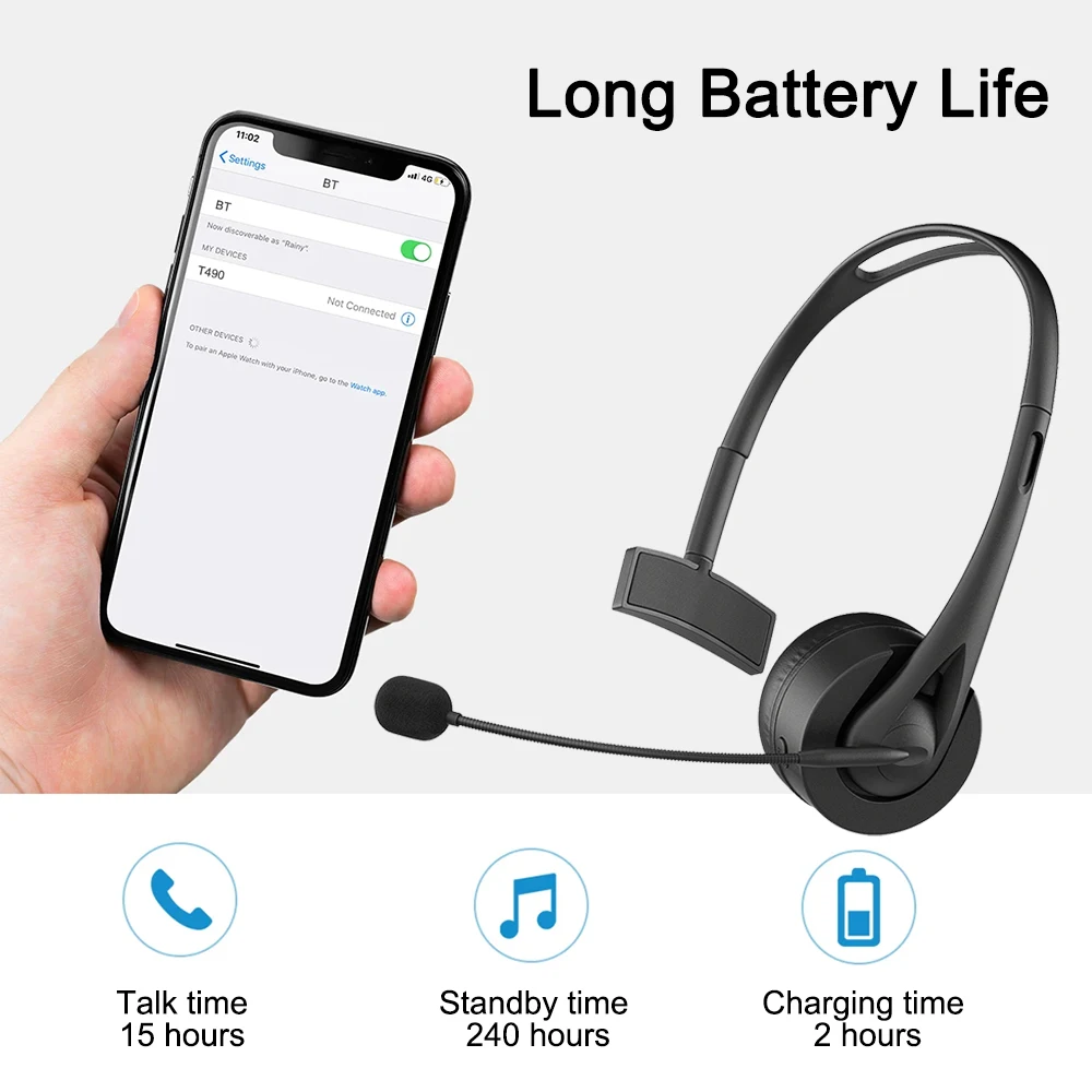 سماعة بلوتوث V5.3 سماعات رأس لاسلكية لسائقي الشاحنات بدون استخدام اليدين مع ميكروفون لمكتب مركز الاتصال بعمر 1 ساعة وعمر طويل