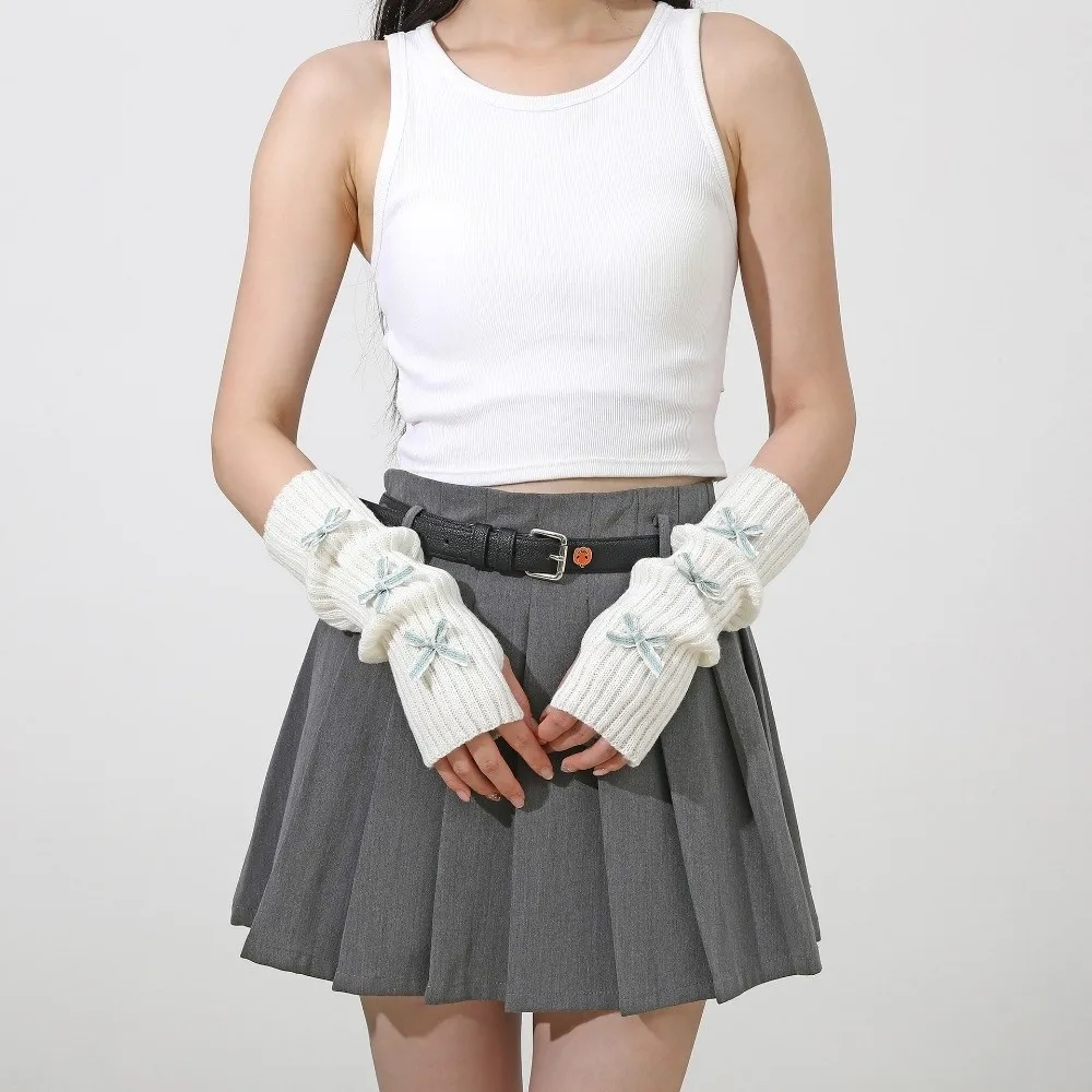 Fashion Thicken Bow Arm Warmers Soft Knitted Bowknot Y2K Fingerless Gloves Sweet Long Knit Sleeve Cover Girl