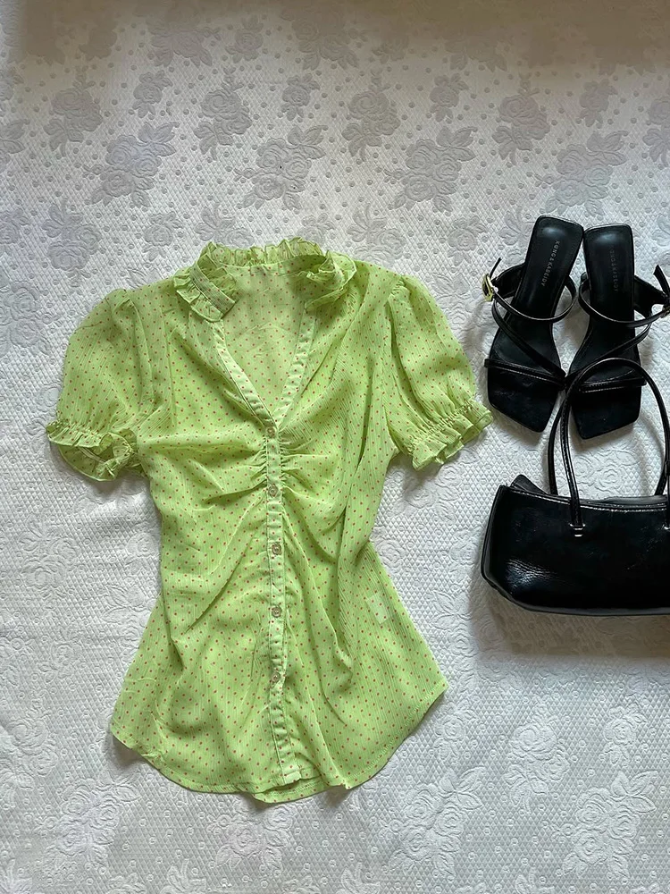 

Original Faion een Polka Dot ort Sve irt Slimming Versatile Baitao Summer New Arrival Ele f S Girl
