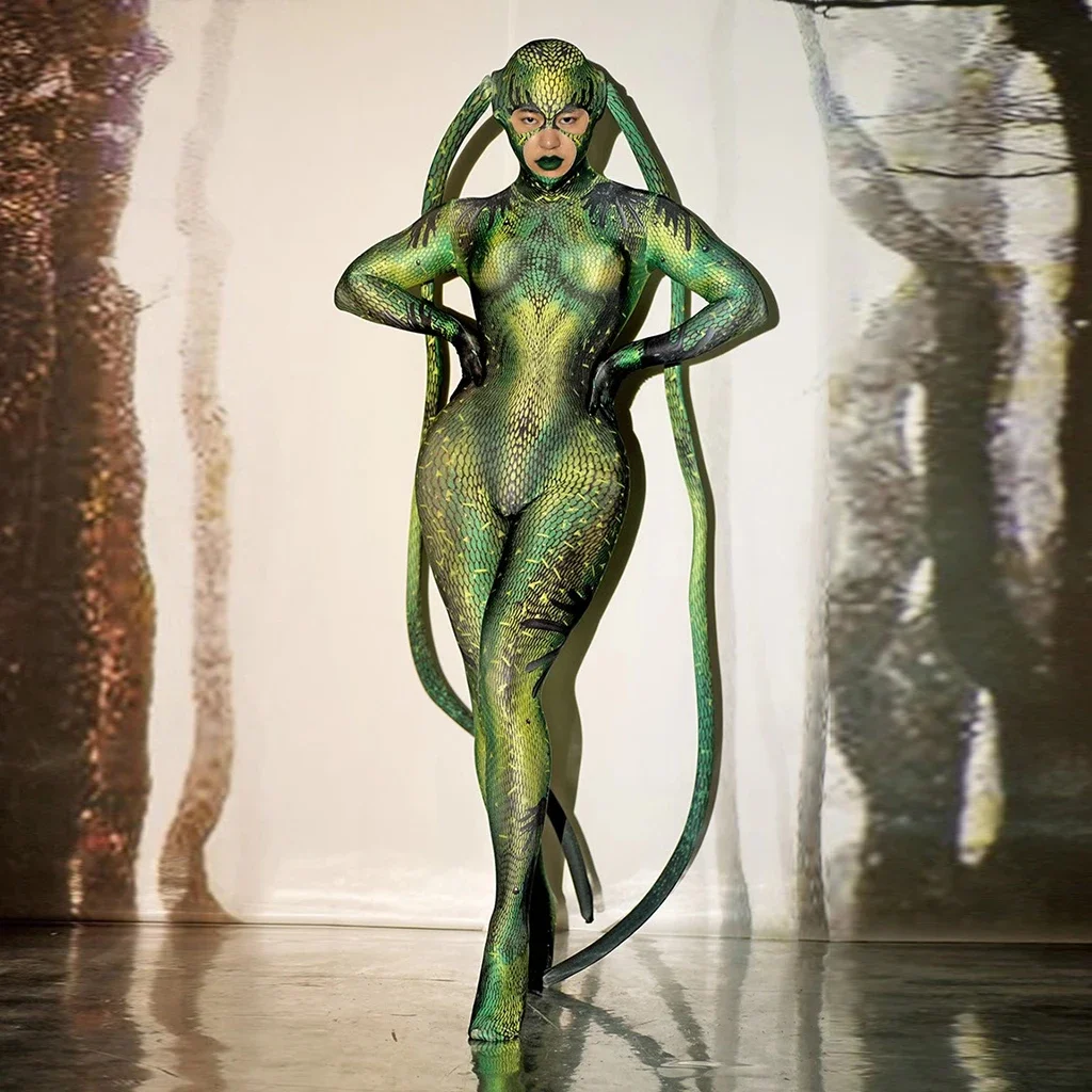 

Novelty Role Full Cover Jumpsuit Show Dancer Stage Performance Outfits Halloween Party Green Alien Animal Cosplay Costumes Women