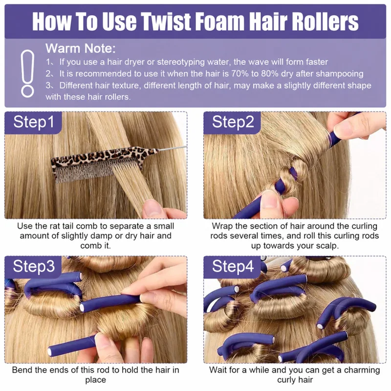 11Pcs Flexible Foam Hair Curling Rods Heatless Hair Rollers Set with Rat Tail Comb, Twist & Wrap DIY Sleeping Styling Tools for Natural Soft Waves, Random Color