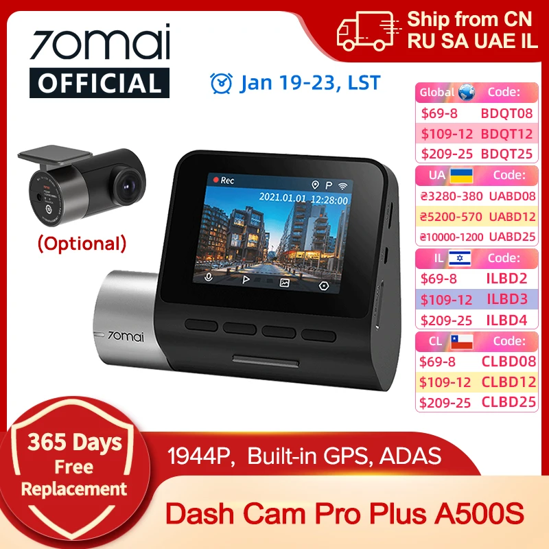70mai Dash Cam Pro Plus A500S 1944P ADAS GPS cámara 70mai cámara frontal A500S 140FOV coche DVR 24H soporte de estacionamiento cámara Interior trasera