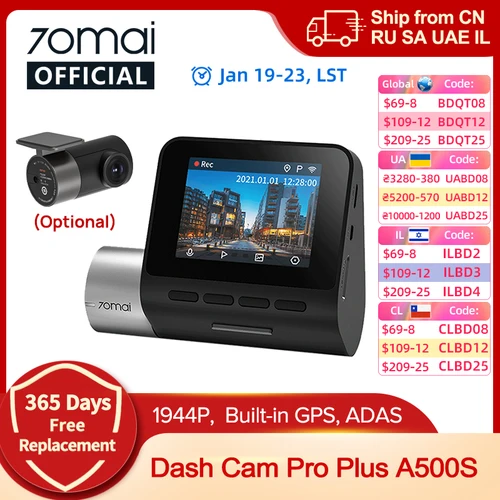 70mai Dash Cam Pro Plus A500S 1944P ADAS GPS cámara 70mai cámara frontal A500S 140FOV coche DVR 24H soporte de estacionamiento cámara Interior trasera
