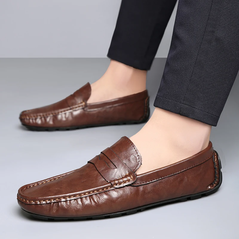 Men's genuine leather shoes Comfortable and lightweight styles Party or work Office Black brown Luxury High quality New flat