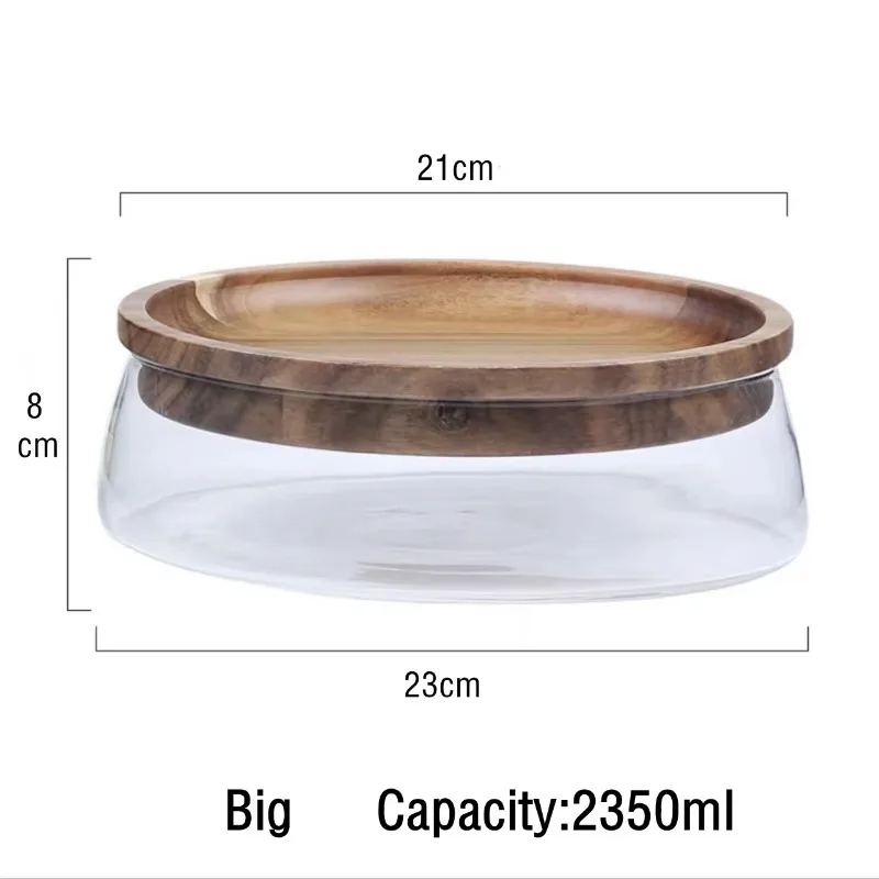 Stackable Solid Wood Lid Storage Glass Bowl Stylish Glass Fruit Container with Wooden Lid for Nut Snack Storage