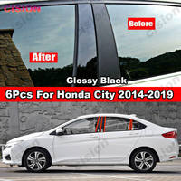 6x Car Window Door Column BC Pillar Post Cover Trim for Honda City 2014-2019 Glossy Carbon Fiber Black Mirror Effect PC Sticker
