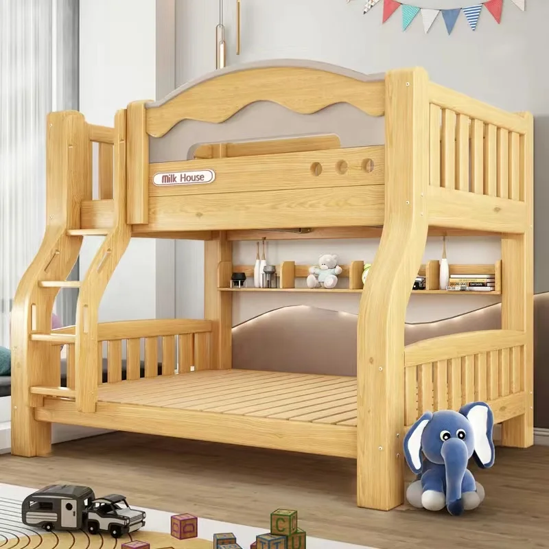 Solid Wood Cartoon Bed Children's Bunk Bed with Staircase Storage Slide Economical Bedroom Furniture for Living Room or School