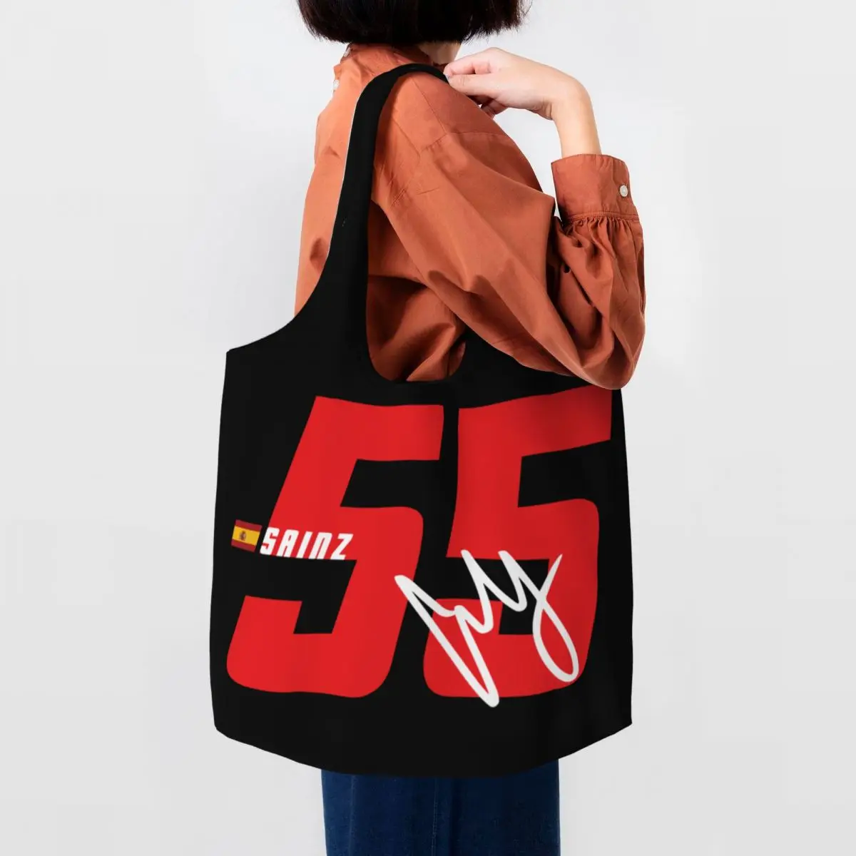 Custom Cute Carlos Sainz 55 Formula Racing Driver Shopping Tote Bags Recycling Groceries Canvas Shopper Shoulder Bag Handbags