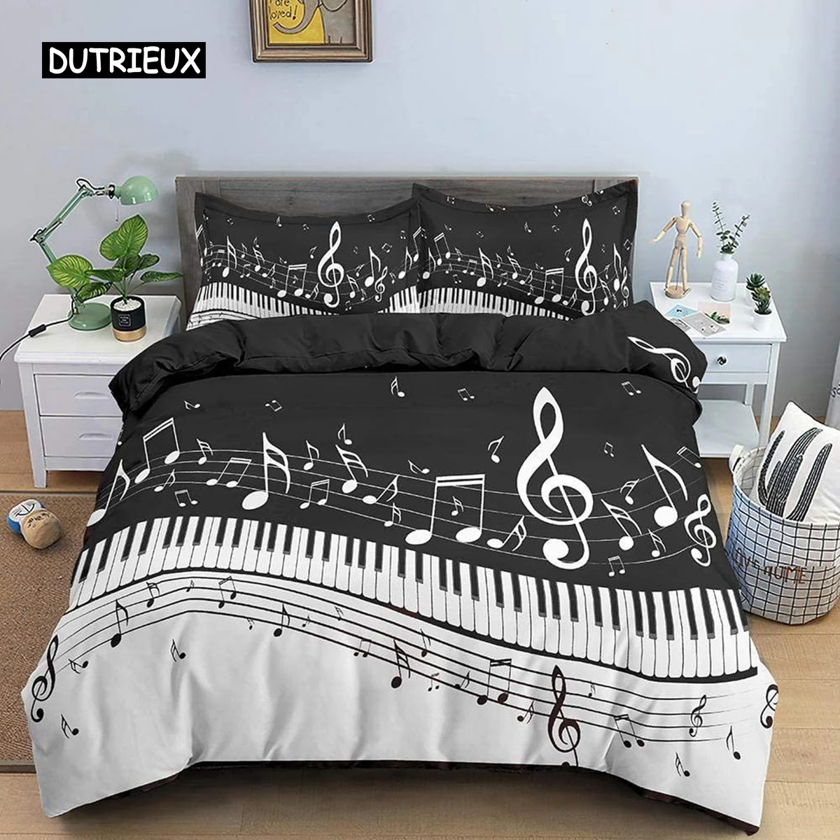 

Piano Duvet Cover Set Polyester Rotating Musical Notes Bedding Set for Girls Retro Music Theme Black and White Stave Quilt Cover