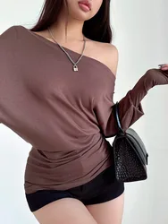 2024 Autumn/winter Skew Collar Off Shoulder Long Sleeve T-shirt Women Cinching Waist Solid Loose Casual Versatile Top CPFL