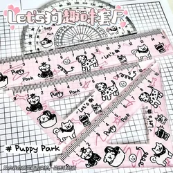 Ins süßes schwarz-weißes Welpen-Rosa-durchscheinendes Lineal 4-teiliges Set Kawaii Mädchen Dreieckslineal Winkelmesser Lineal Student Briefpapier