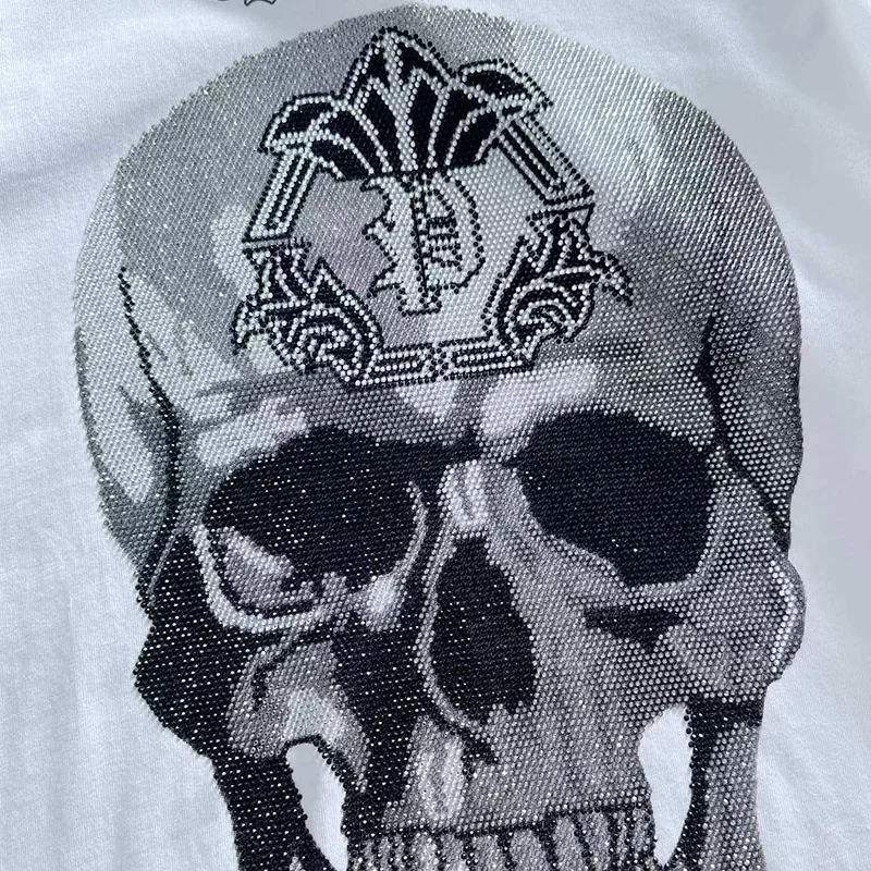 Alex Plein Skulls Rhinestones Crystals Streetwear Men\'s Fashion Clothing 2023 Summer RoundNeck Shortsleeve Tshirt Luxuary Cotton