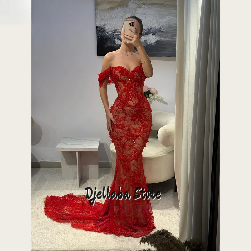 Vestidos de noche de encaje rojo sin tirantes, sexy, con cuello en V y hombros descubiertos, tren de encaje floral, vestido de fiesta de sirena, vestidos formales personalizados