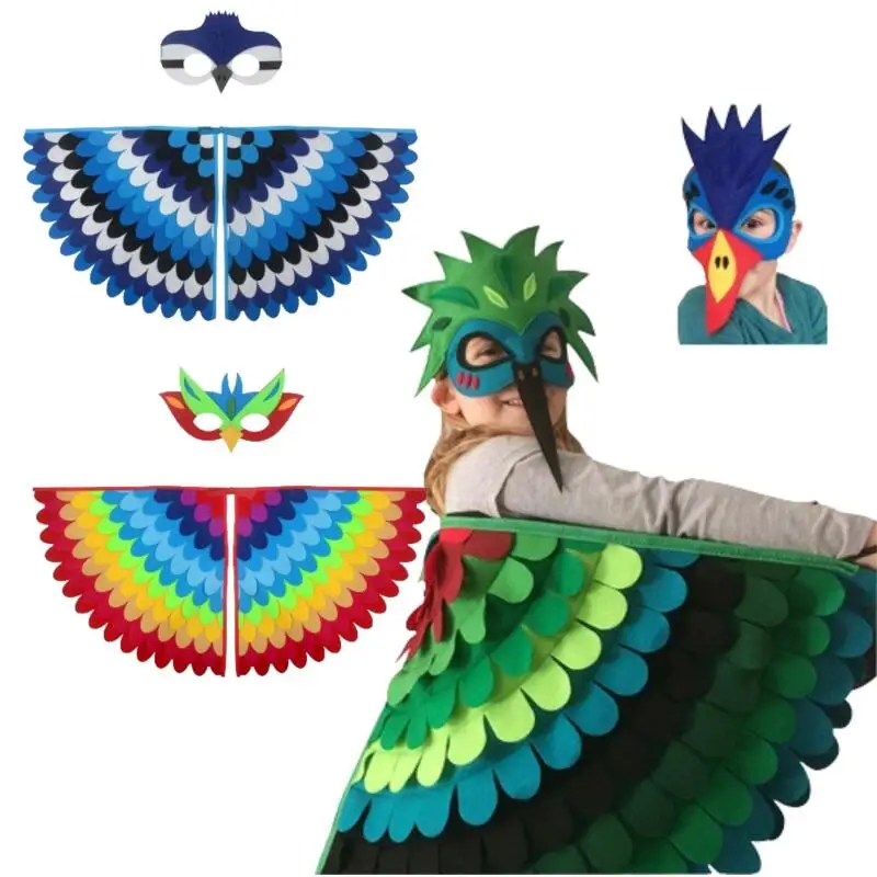 Kids Animal Bird Wings+mask Suit Stage Performance Peacock Owl Parrot Bird Felt Cape Halloween Bird Cosplay Cloak for Girls Boys