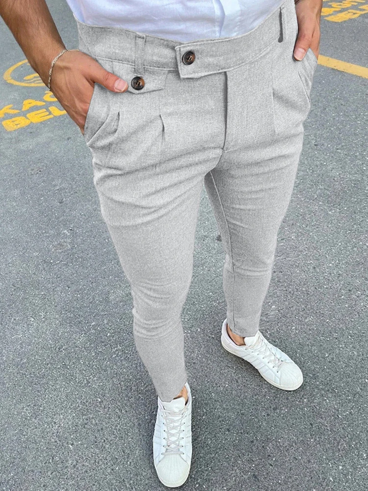 

2024 Spring Summer New Casual Suit Trousers Men Vintage Solid Color Slim Pencil Pants Fashion Button Waist Design Mens Trousers