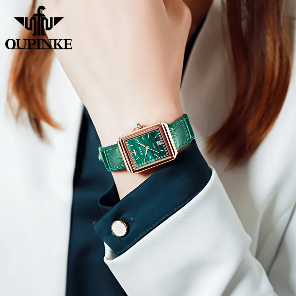 OUPINKE Women\'s Wrist Watch Quartz Watch For Women Green Leather Watches Top Brand Luxury Square Dial Waterproof Luminous