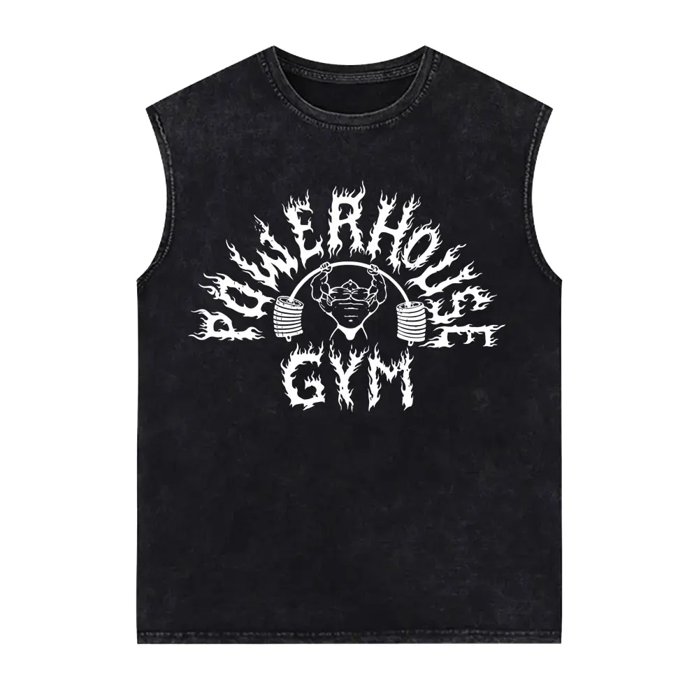 Powerhouse Gym Logo Doppelseitig Bedruckte Vintage-Washed Tanktops T-Shirts für Männer und Frauen Lässige Oversized Geek Fitness Westen T-Shirts – Detail 4