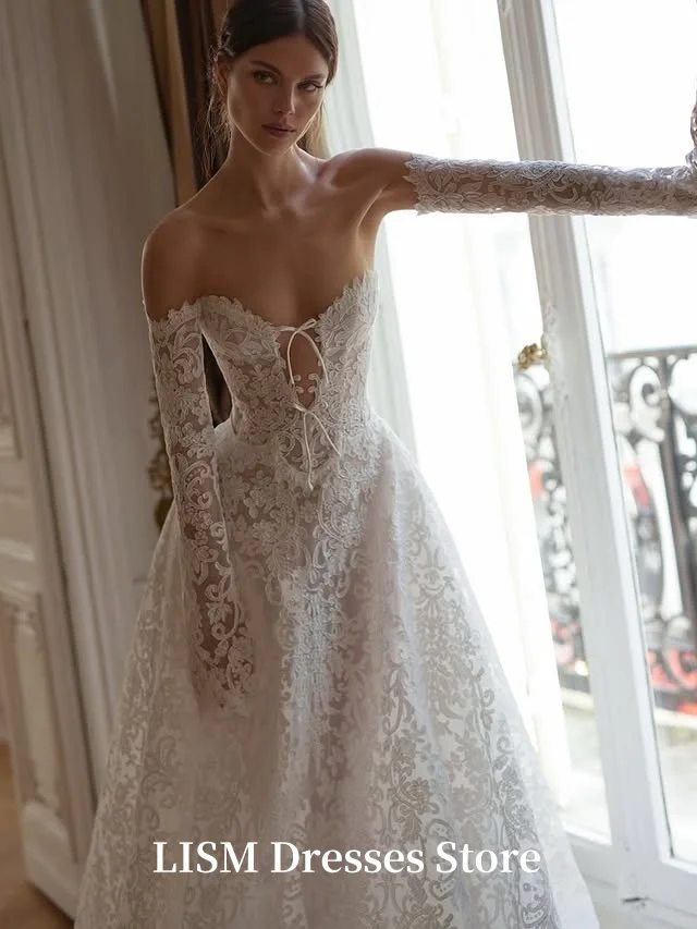 LISM สวีทฮาร์ทเอ-ไลน์ชุดแต่งงานแขนยาวผ้าไหมลูกไม้ยาวสง่างามชุดเจ้าสาวที่กำหนดเองโรบ เดอ มารีเอ การแต่งงาน