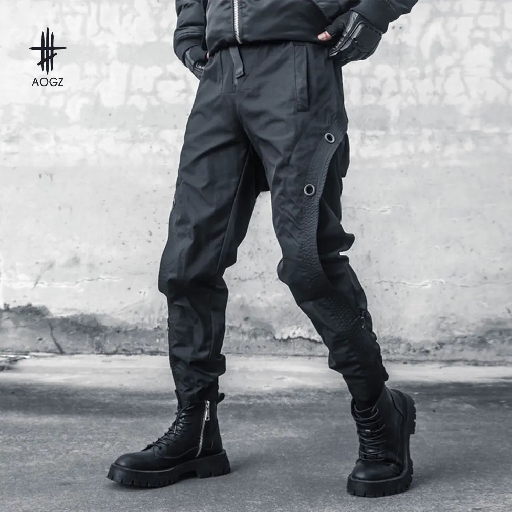 AOGZ Spliced ​​Scimitar Pants Dark Functional Zipper Cuff Casual Pants Men Harajuku Cargo Pants Hip Hop Loose Joggers Trousers