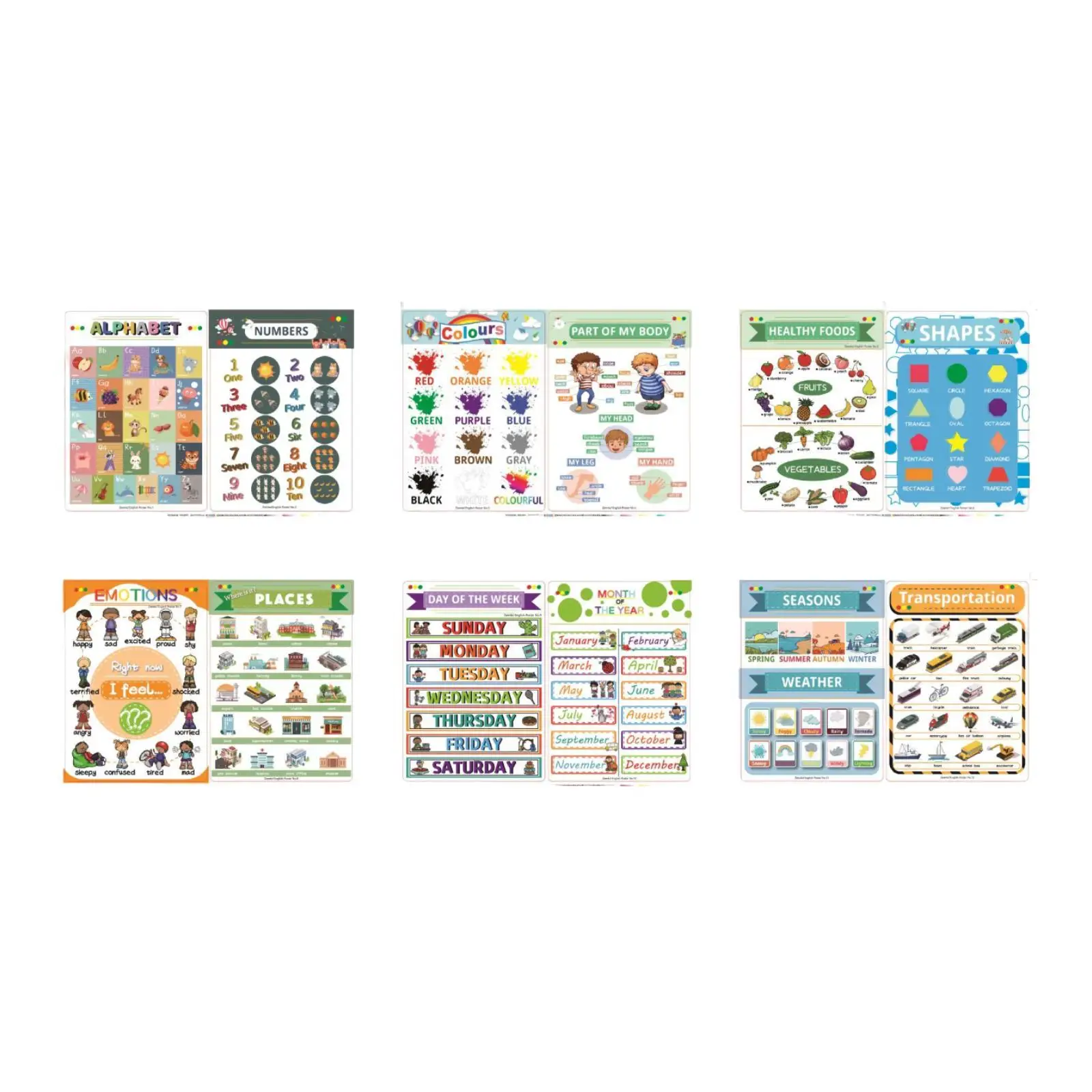 12Pcs Educational Posters English Learning Charts for Nursery Homeschool