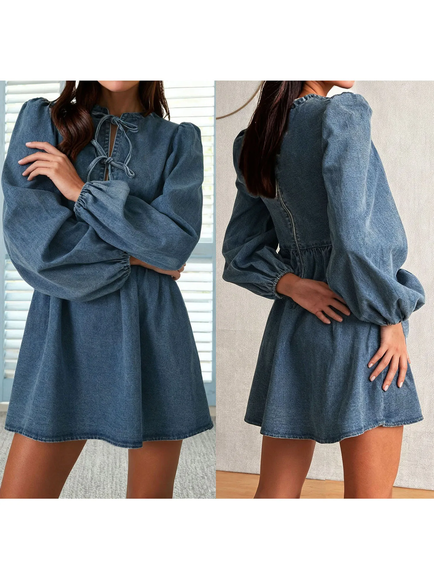 Robe en jean à manches longues pour femmes, avec nœud papillon sur le devant, col rond et Silhouette trapèze, élégante, couleur unie, coupe ample, Mini robe