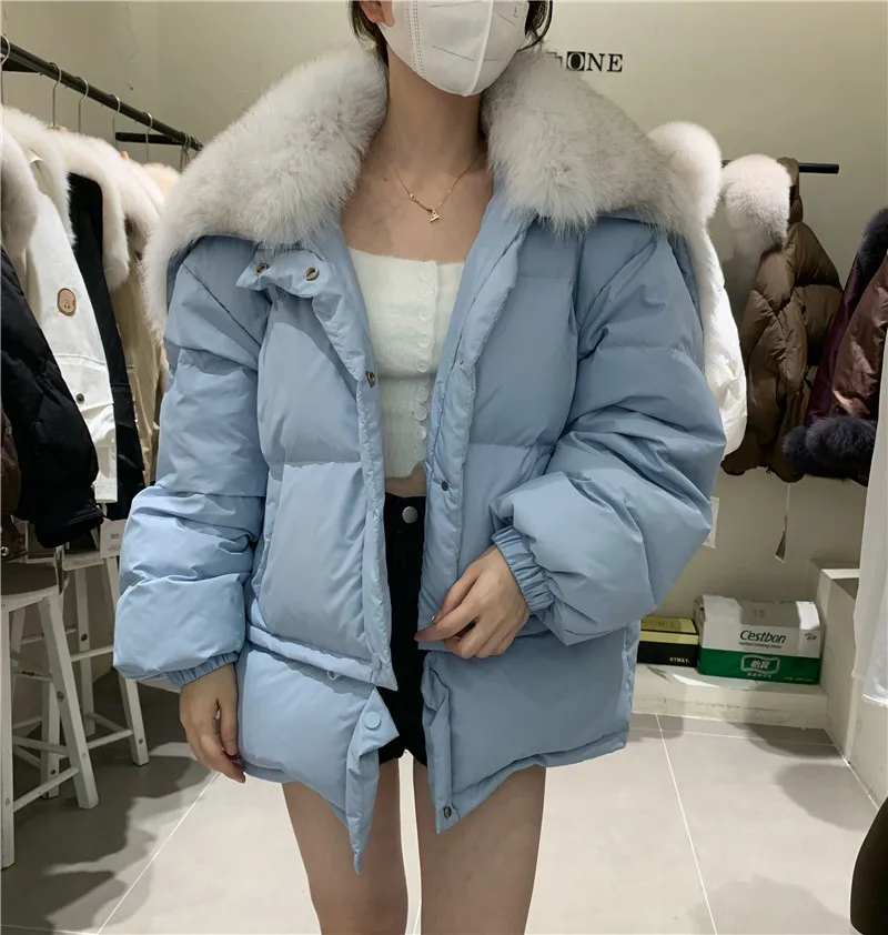 

2023 White Duck Down Jacket Winter Women Warm Loose Coat Natural Real Fox Fur Collar Thick Luxury Outerwear NewFemale Coat